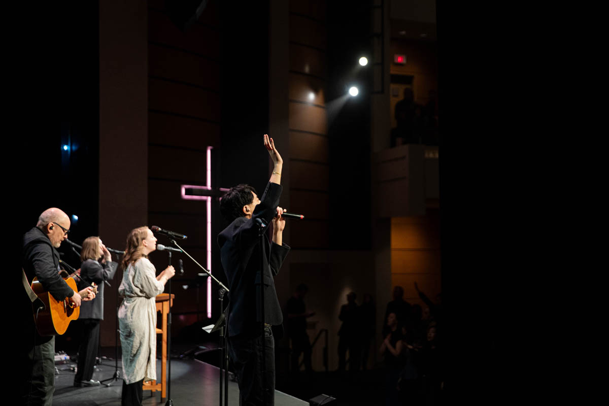Worship team leading music ministry during a church service